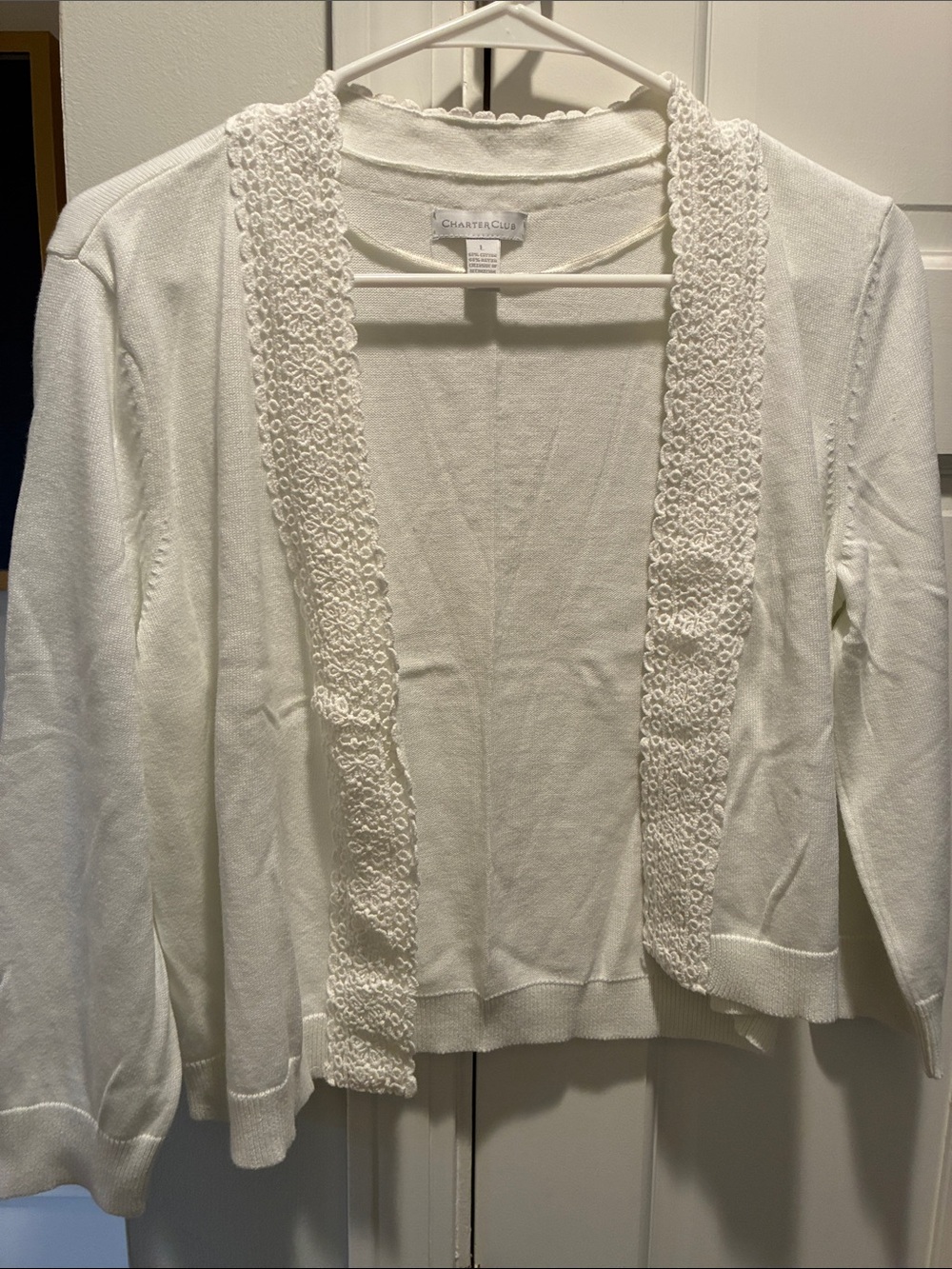 Charter Club Ivory Lace-Trim Open Cardigan